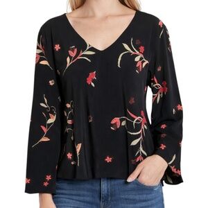 Josie Natori Floral Blouse Black V Neck Long Sleeve Swing Top Large Flowy